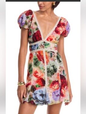 Alice + Olivia Multicolor Floral V-Neck Puff Sleeve Mini Dress